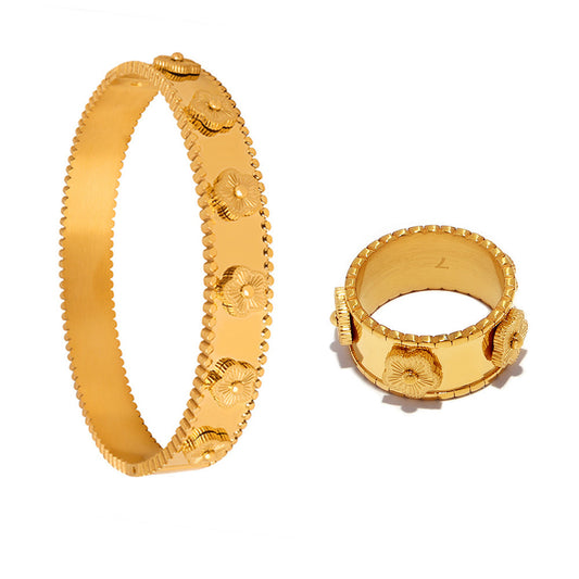 Stainless Steel Embossed Flower Bracelet Ring Jewelry Suit