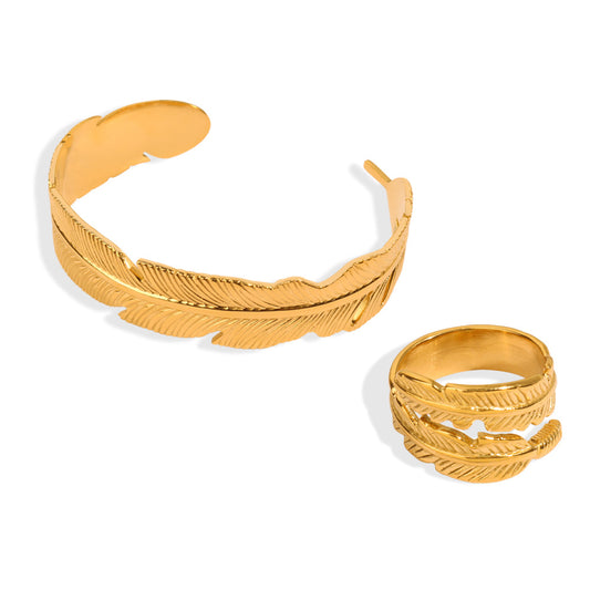 Stainless Steel Feather Cuff Bracelet Ring Jewelry Suit