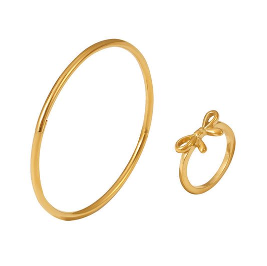 Polished Stainless Steel Thin Bracelet Bow Ring Jewelry Suit