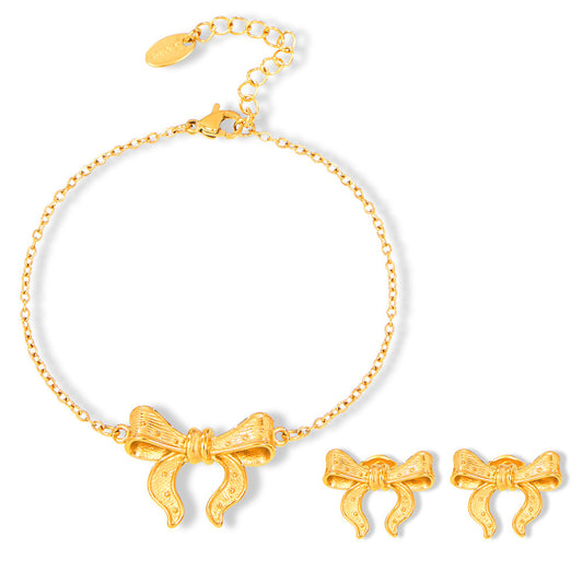 Textured Bow 3D Stainless Steel Bracelet Earrings Jewelry Suit