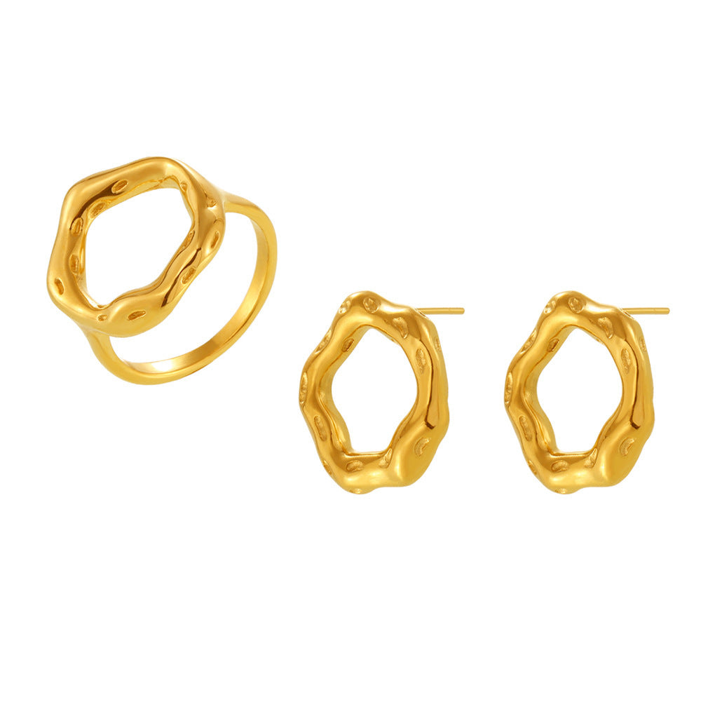 Irregular Round Stainless Steel Ring Earrings Jewelry Suit