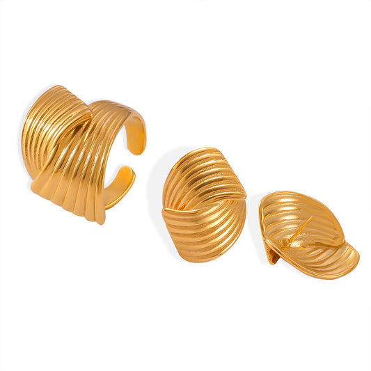 Stainless Steel Polished Line Multi-layered Texture Ring Earrings Jewelry Suit