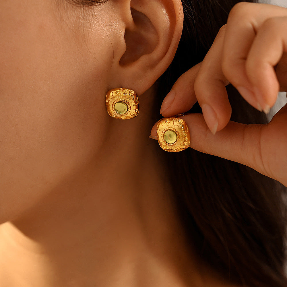 Threaded Green Glass Stainless Steel Earrings Ring Jewelry Suit