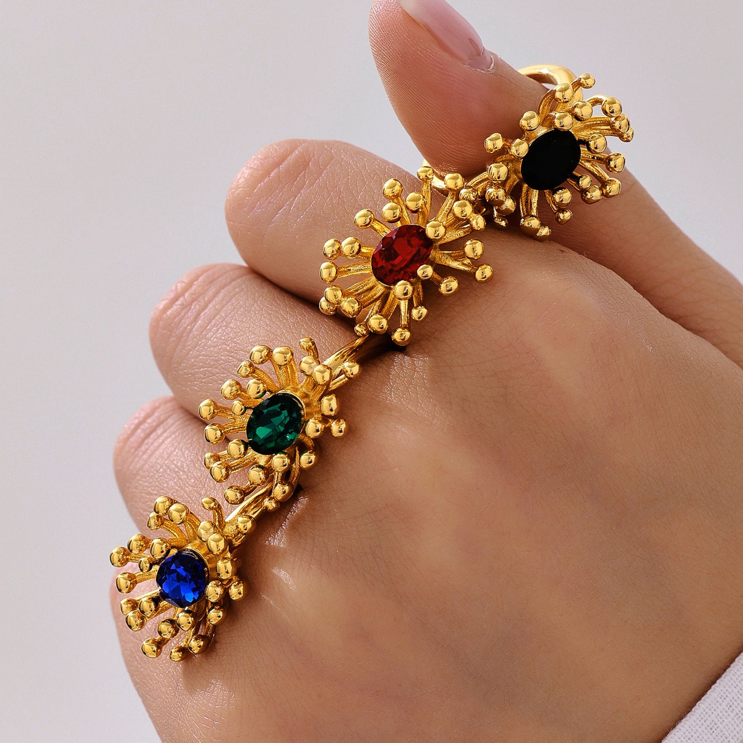 Stamen Inlay Cubic Zirconia Cuff Ring Earrings Stainless Steel Jewelry Suit