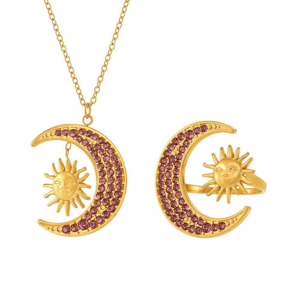 18K Gold PVD Moon Sun Cubic Zirconia Necklace Ring Jewelry Suit