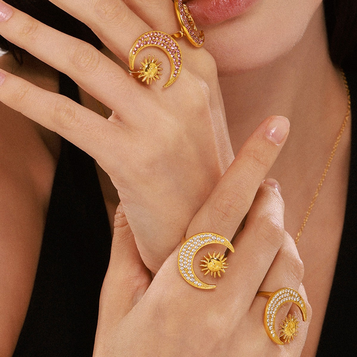 18K Gold PVD Moon Sun Cubic Zirconia Necklace Ring Jewelry Suit
