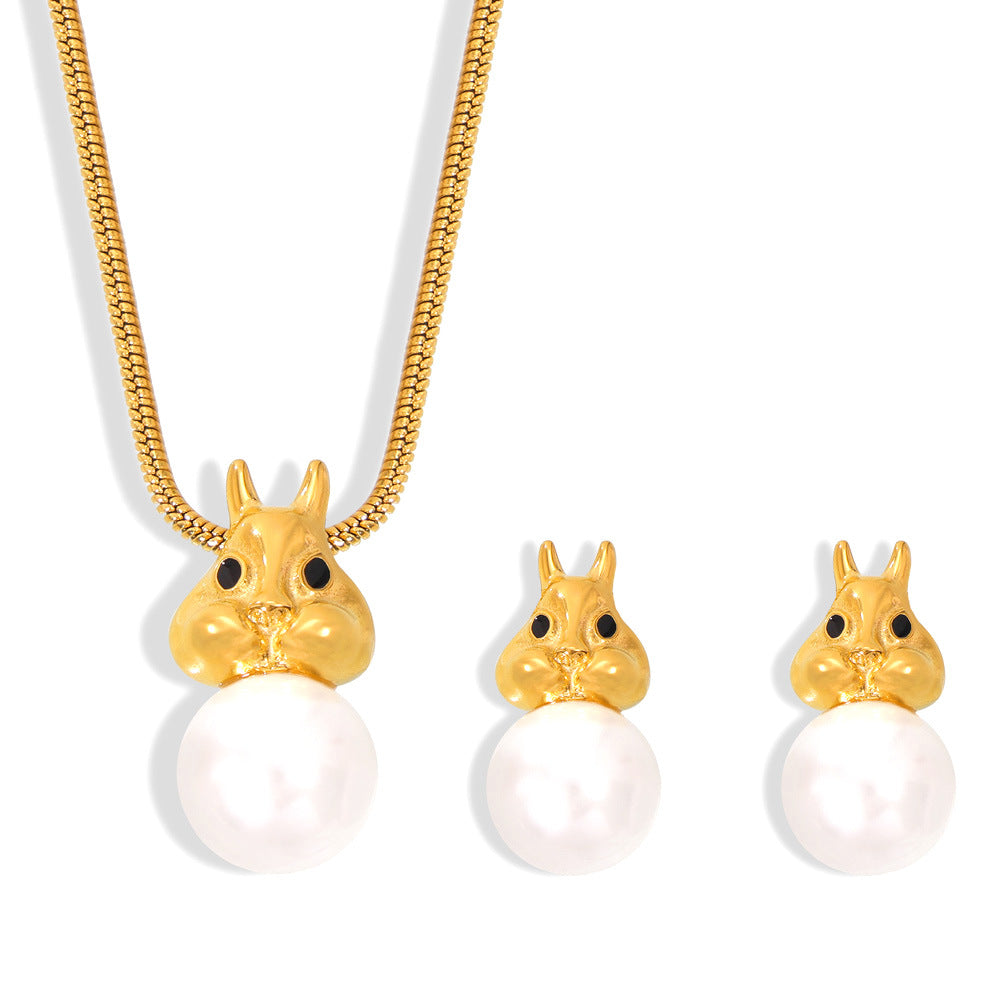 Cute Rabbit Inlay Imitation Pearl Necklace Earrings Jewelry Suit