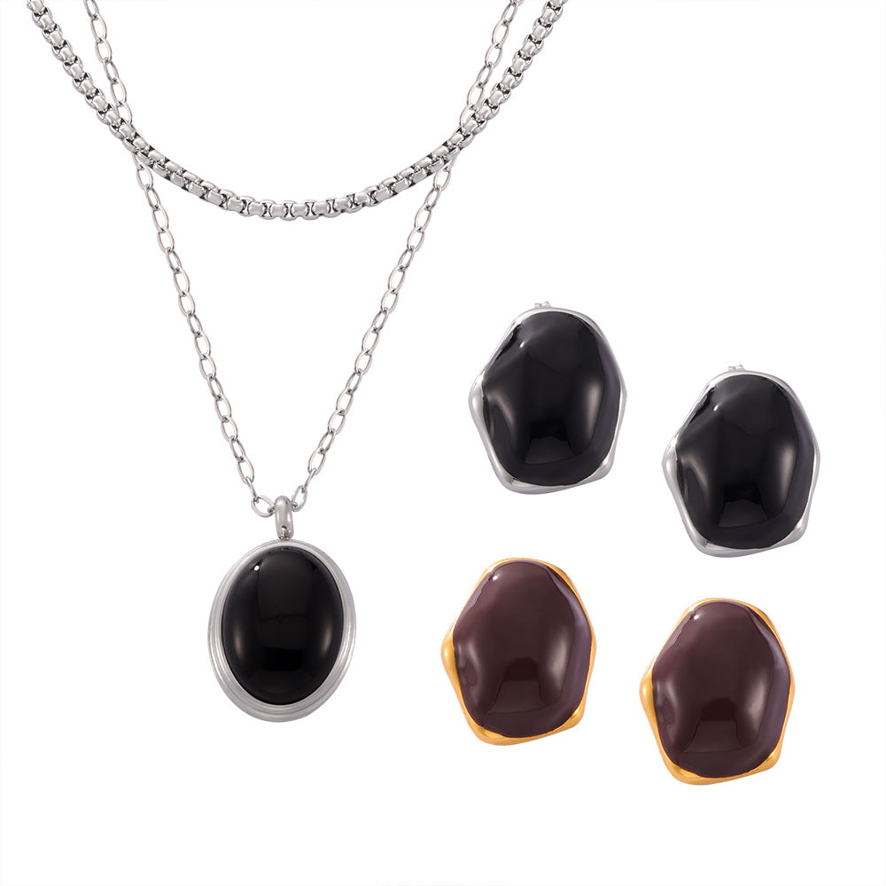 Round Oil Drop Stainless Steel Necklace Earrings Jewelry Suit