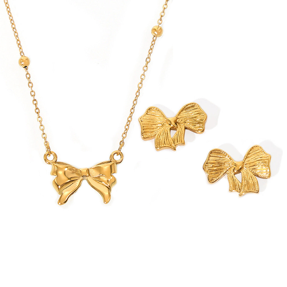 Stainless Steel Bow Pendant Necklace Textured Bow Earrings Jewelry Suit