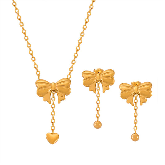 Bow Pendant Tassel Necklace Earrings Jewelry Suit