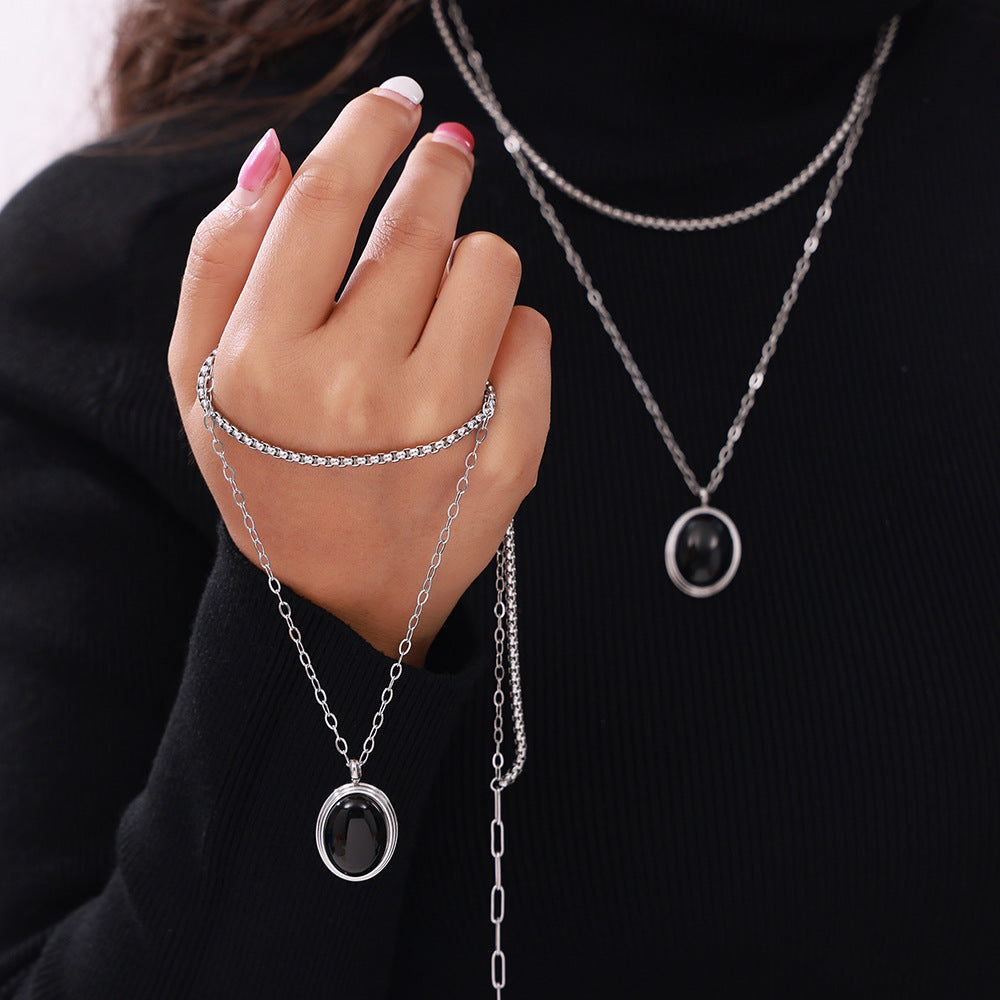 Round Oil Drop Stainless Steel Necklace Earrings Jewelry Suit
