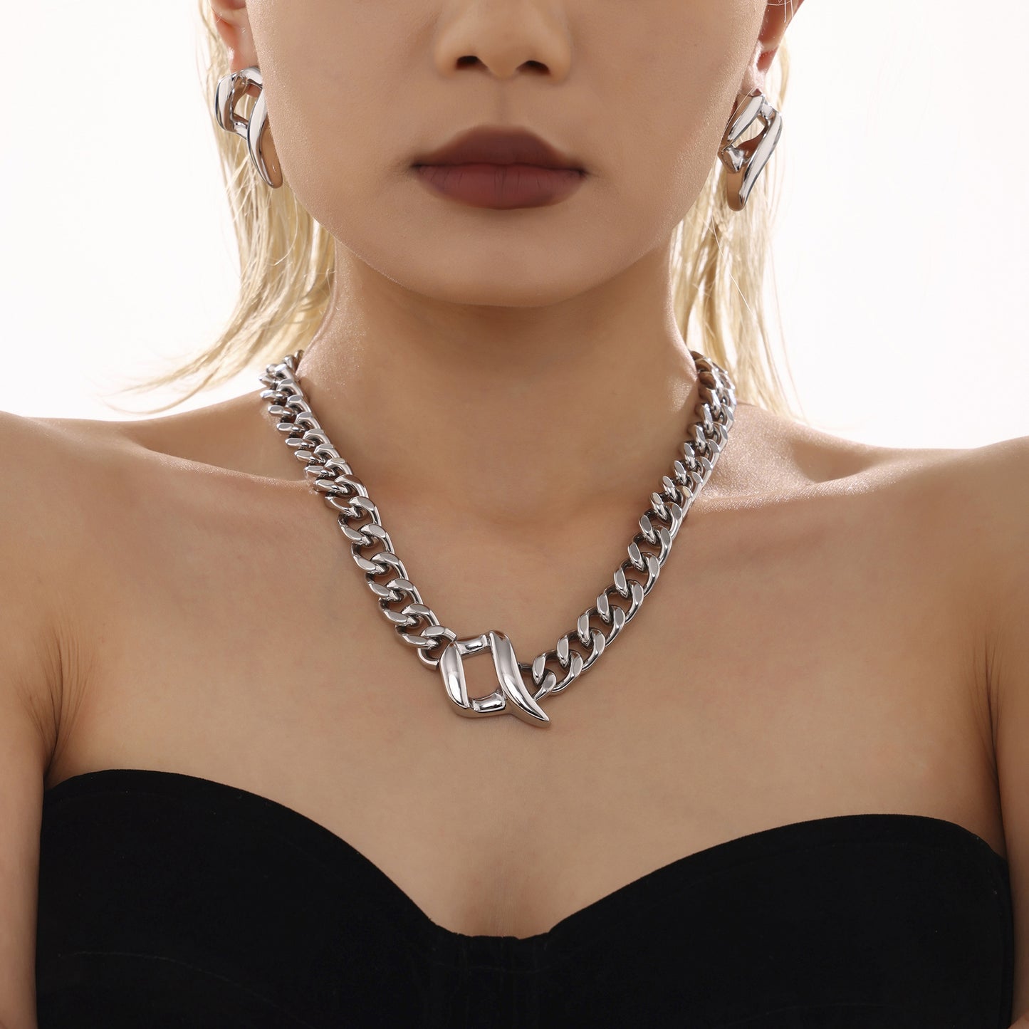 Stainless Steel Special Shaped Pendant Chunky Necklace Earrings Jewelry Suit