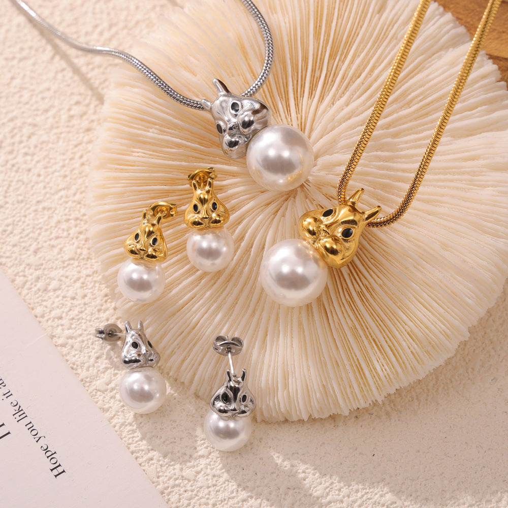Cute Rabbit Inlay Imitation Pearl Necklace Earrings Jewelry Suit