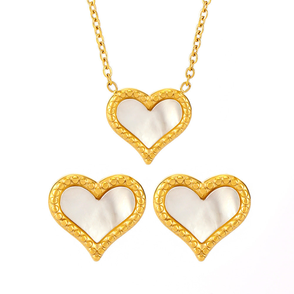 Natural Mother of Pearl Heart Stainless Steel Necklace Earrings Jewelry Suit