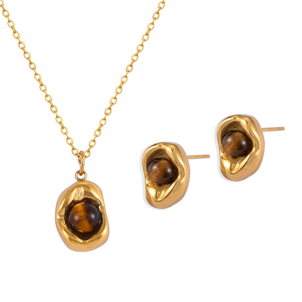 Depressed Oval Tiger Eye Necklace Earrings Jewelry Suit