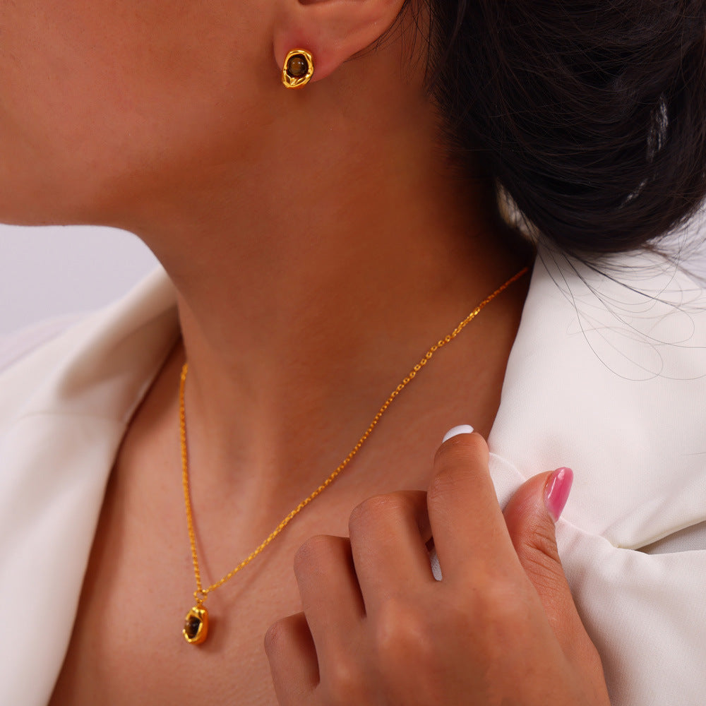 Depressed Oval Tiger Eye Necklace Earrings Jewelry Suit