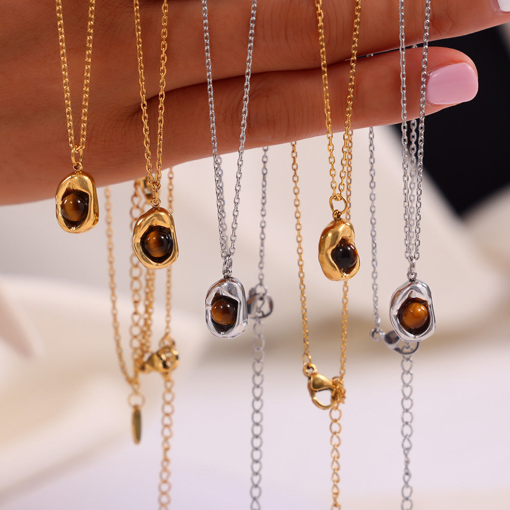 Depressed Oval Tiger Eye Necklace Earrings Jewelry Suit