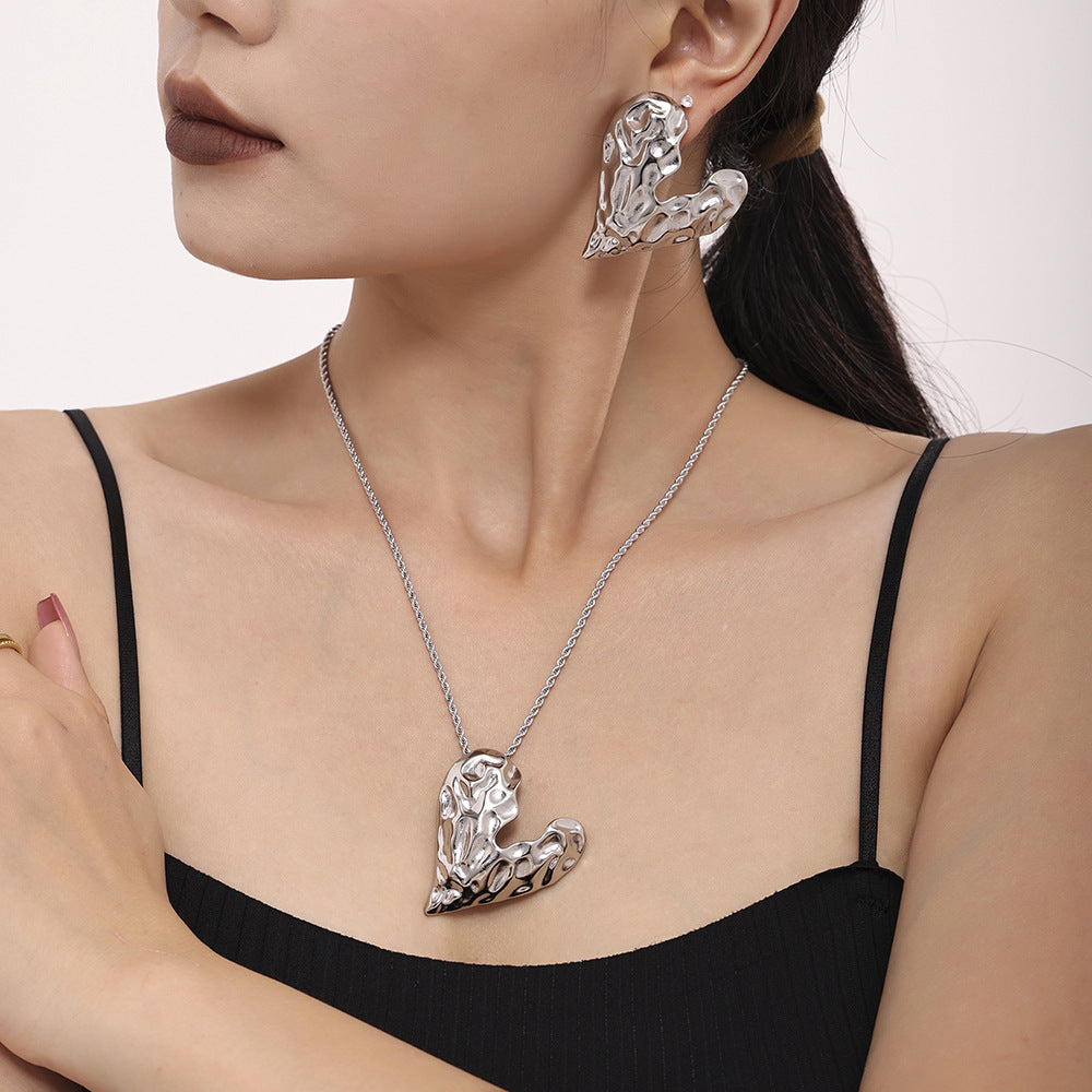 Irregular Texture Heart Shaped Necklace Earrings Jewelry Suit