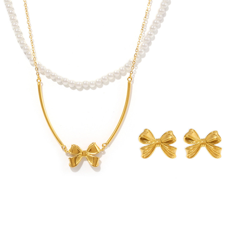 Bow Stackable Imitation Pearl Necklace Earrings Jewelry Suit