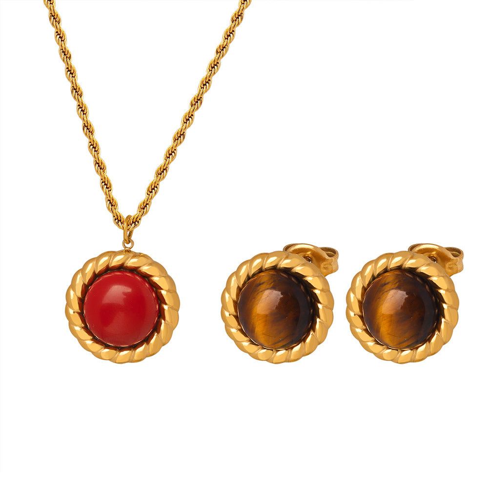 Round Tiger Eye Stone Pendant Necklace Earrings Jewelry Suit