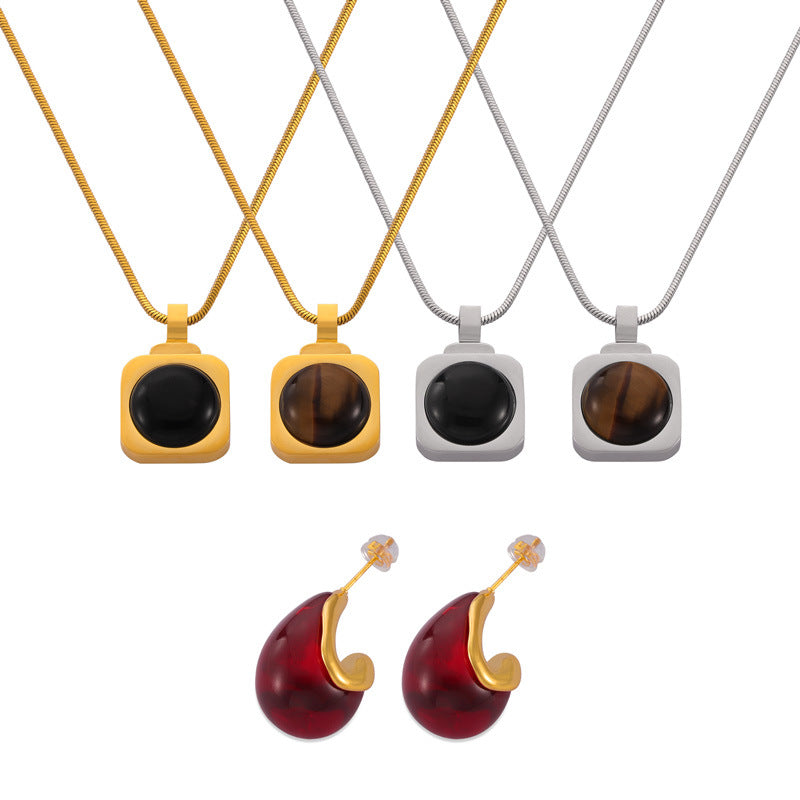 Square Inlay Tiger Eye Stone Pendant Necklace Water Drop Shaped Earrings Jewelry Suit