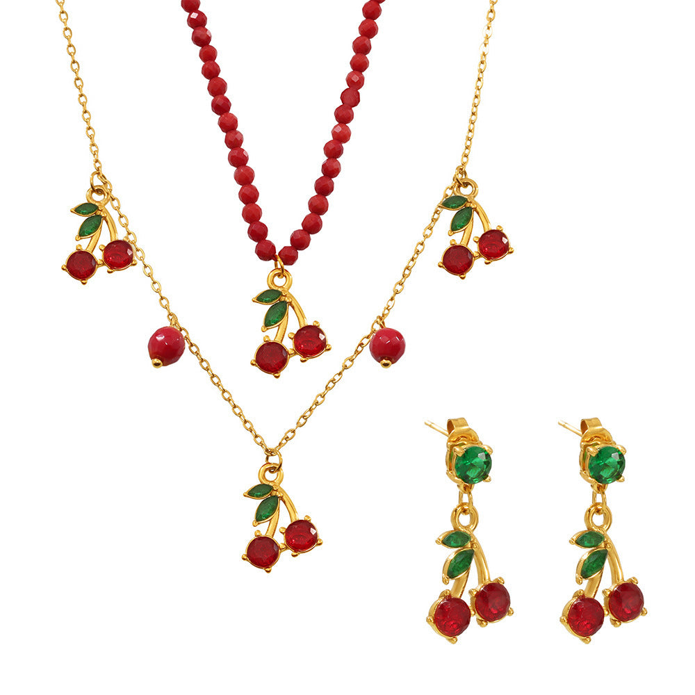 Stainless Steel Cherry Glass Stone Necklace Earrings Jewelry Suit