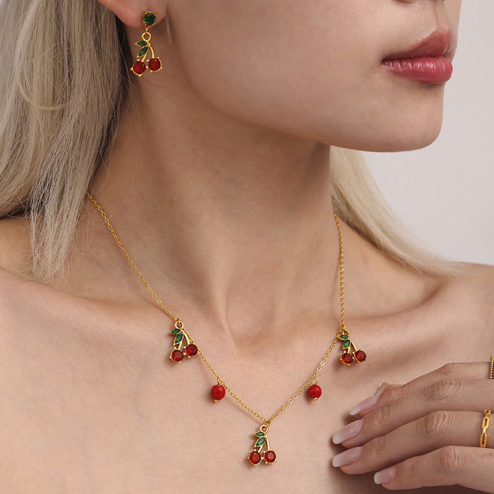 Stainless Steel Cherry Glass Stone Necklace Earrings Jewelry Suit