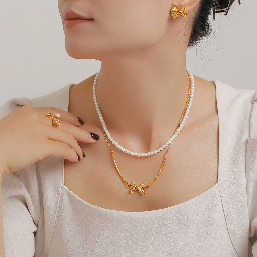 Bow Stackable Imitation Pearl Necklace Earrings Jewelry Suit