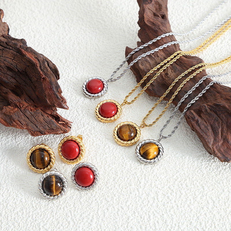 Round Tiger Eye Stone Pendant Necklace Earrings Jewelry Suit