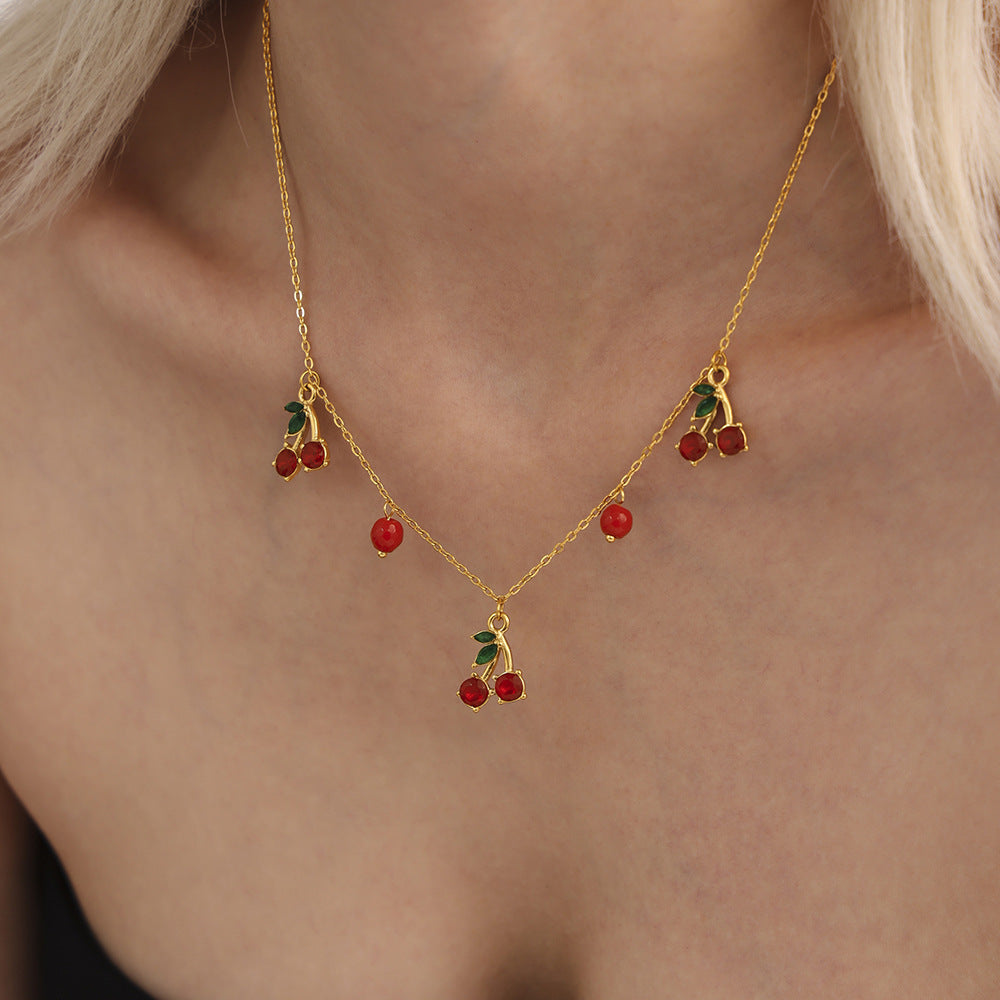 Stainless Steel Cherry Glass Stone Necklace Earrings Jewelry Suit