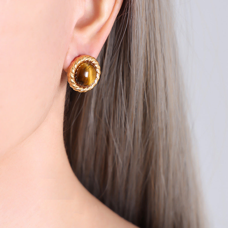 Round Tiger Eye Stone Pendant Necklace Earrings Jewelry Suit