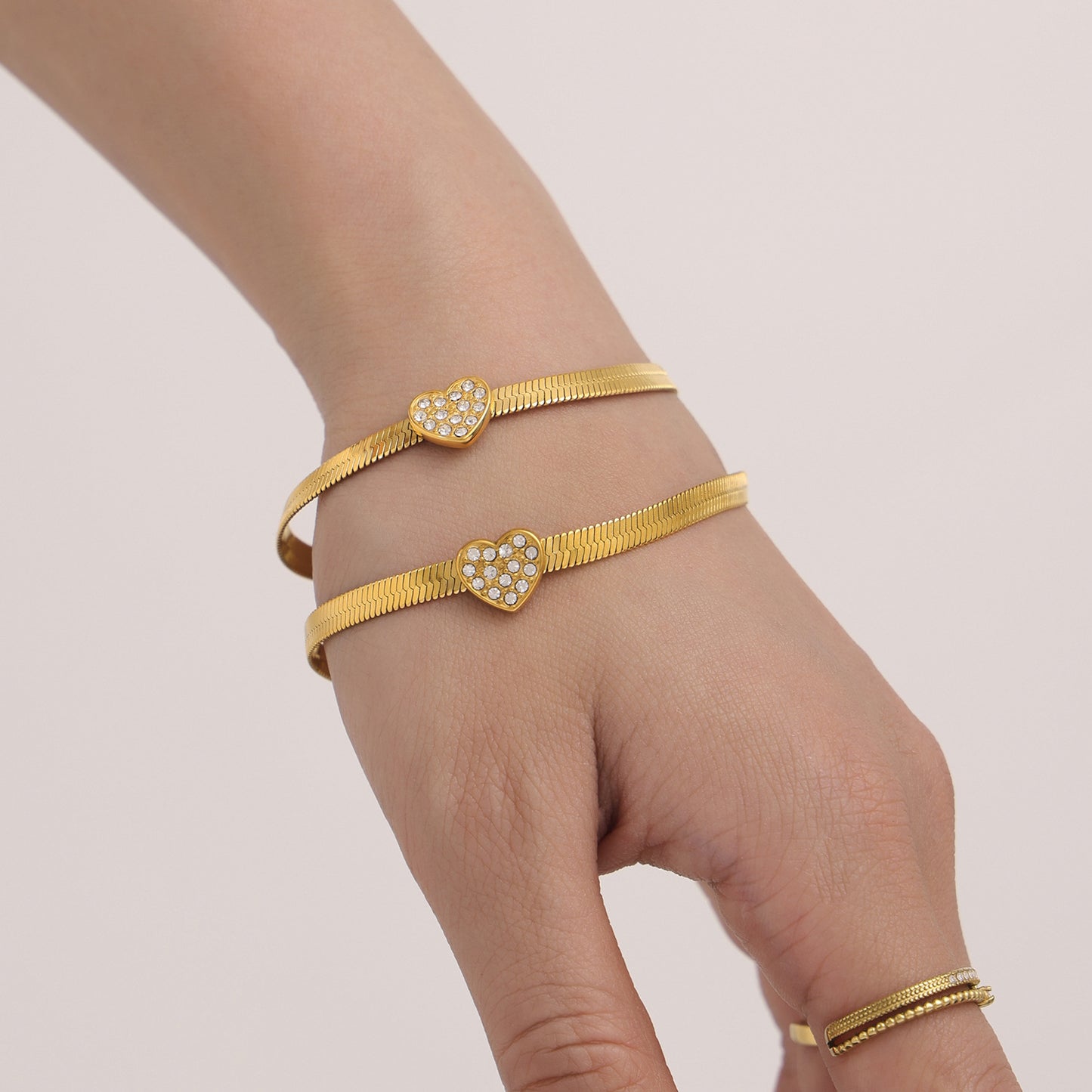 Heart Cubic Zirconia Snake Chain Necklace Bracelet Jewelry Suit