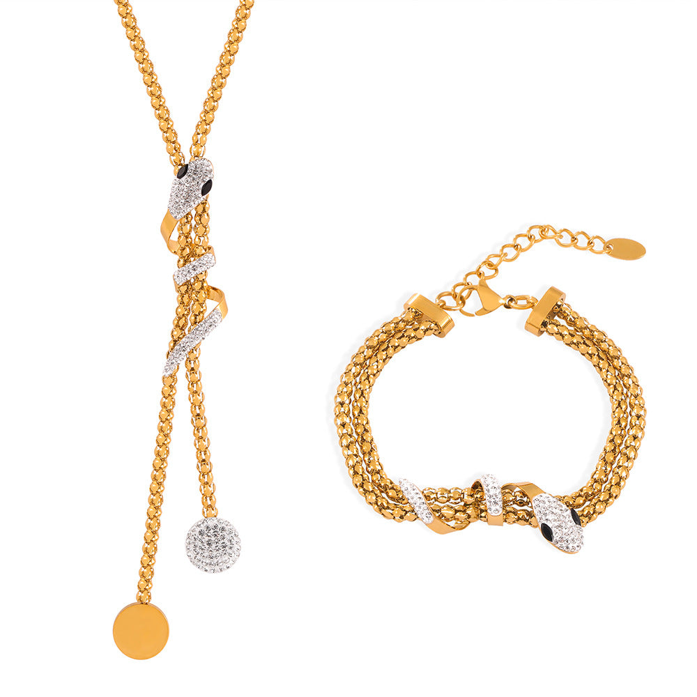 Snake Wrap Lariat Necklace Double Chain Bracelet Jewelry Suit