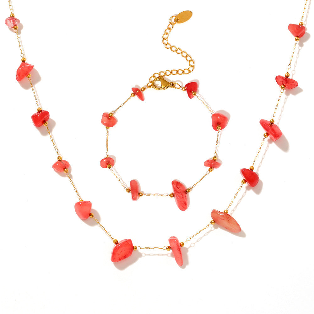 Red Natural Stone Beaded Necklace Bracelet Jewelry Suit
