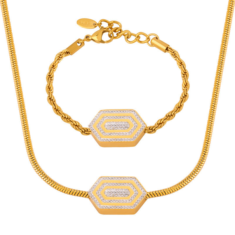 Hexagon Pendant Inlay Czech Diamond Necklace Bracelet Jewelry Suit