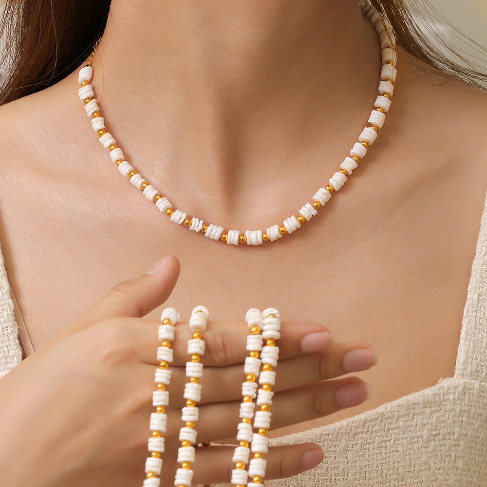 White Mother of Pearl Beaded Necklace Bracelet Jewelry Suit