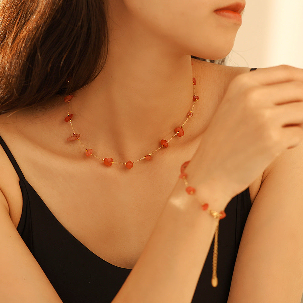 Red Natural Stone Beaded Necklace Bracelet Jewelry Suit