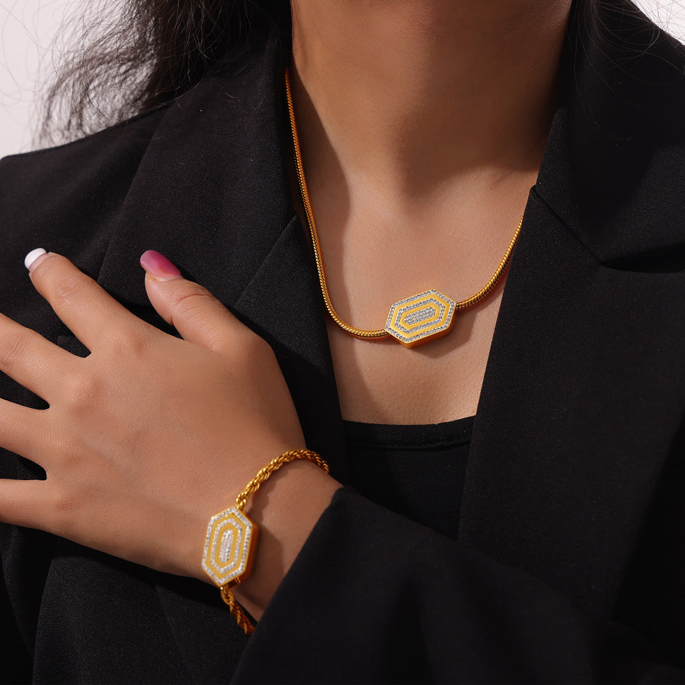 Hexagon Pendant Inlay Czech Diamond Necklace Bracelet Jewelry Suit