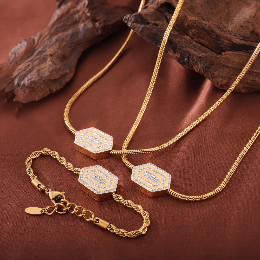 Hexagon Pendant Inlay Czech Diamond Necklace Bracelet Jewelry Suit