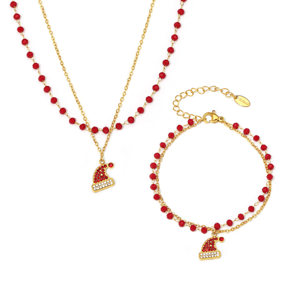 Christmas Hat Cubic Zirconia Pendant Garnet Beaded Chain Double Necklace Bracelet Jewelry Suit