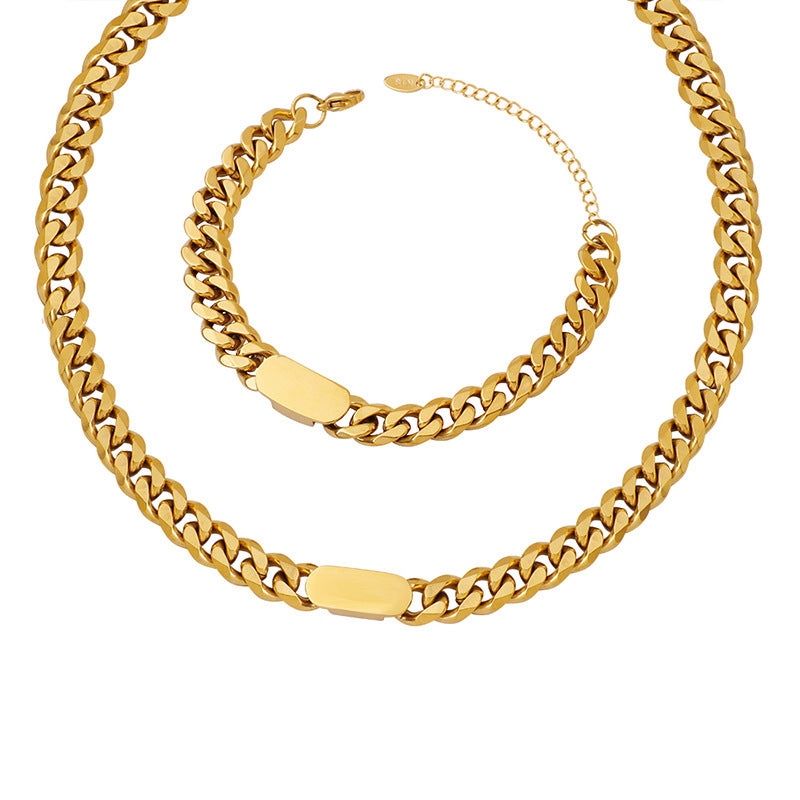 Stainless Steel Engraved Cuban Chain Necklace Bracelet Jewelry Suit