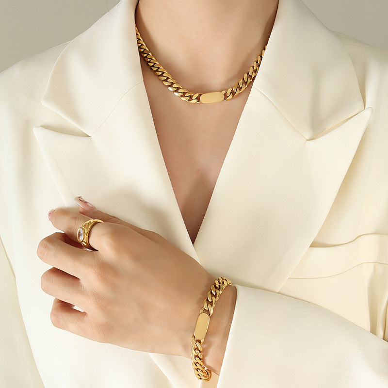 Stainless Steel Engraved Cuban Chain Necklace Bracelet Jewelry Suit