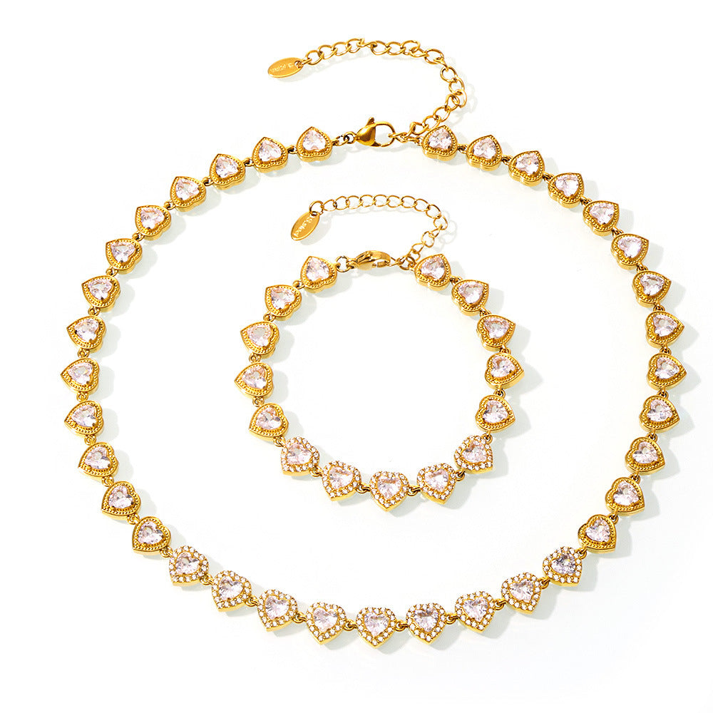 Heart Shaped Cubic Zirconia Necklace Bracelet Jewelry Suit
