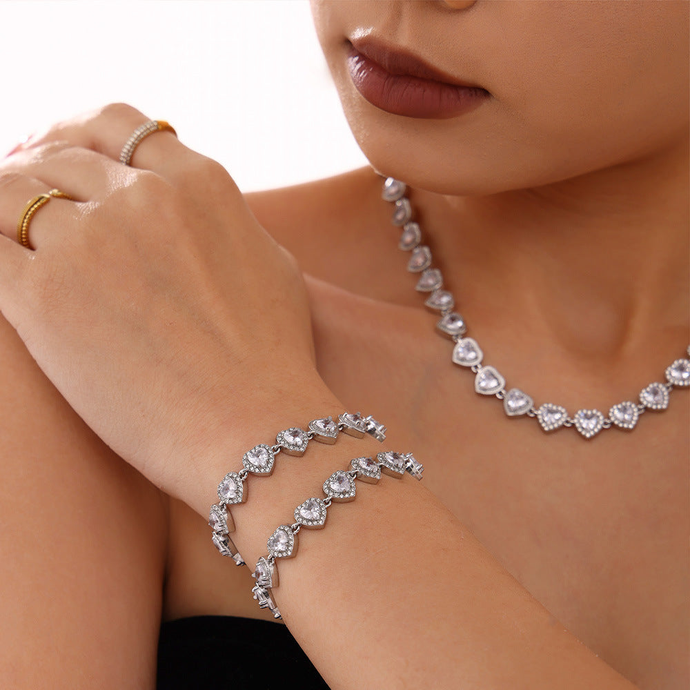 Heart Shaped Cubic Zirconia Necklace Bracelet Jewelry Suit