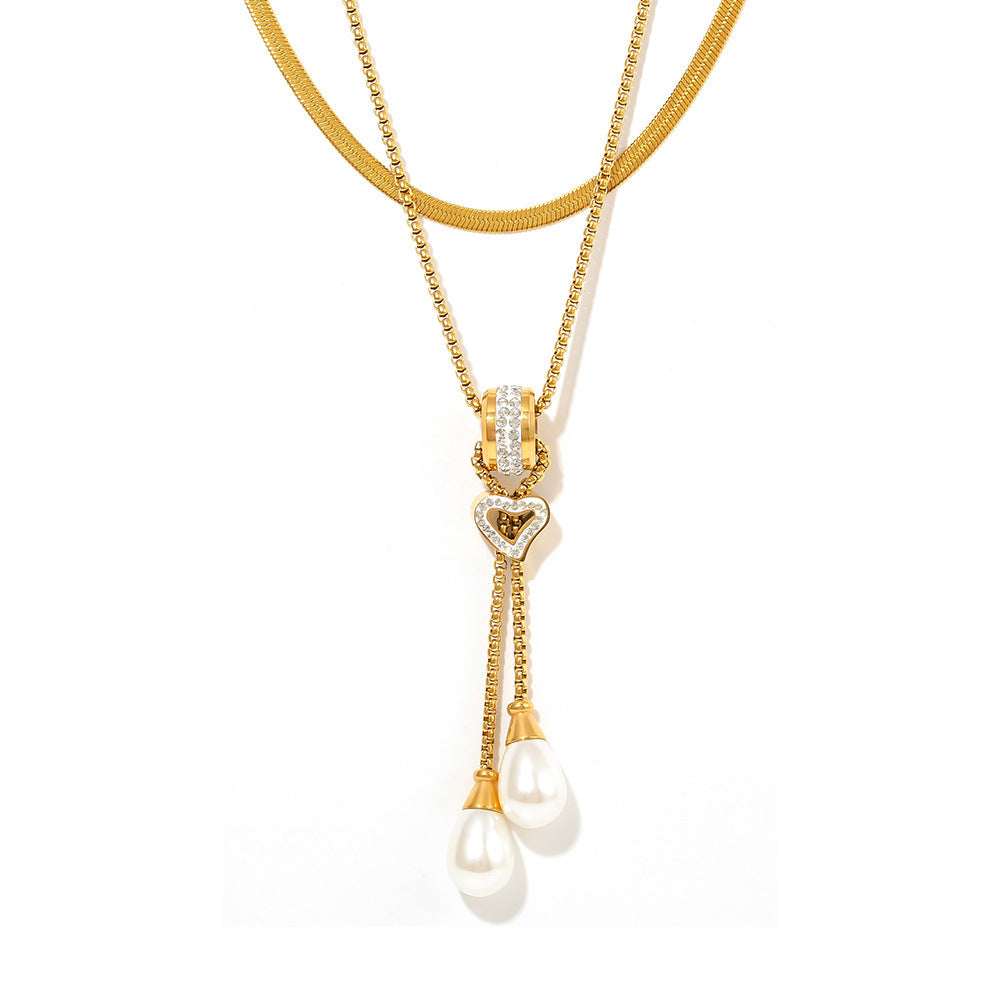 Stainless Steel 18K Gold PVD Heart Tassel Imitation Pearl Pendant Necklace