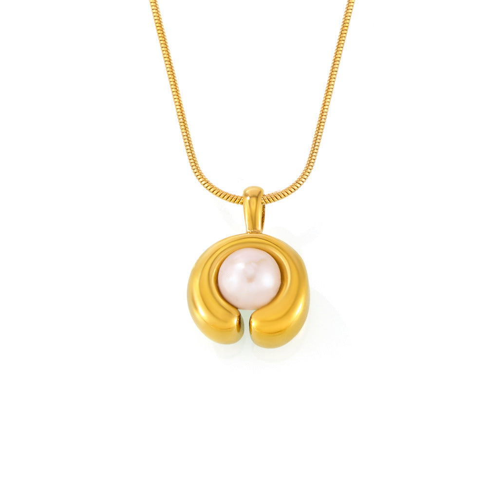 C-Shaped Inlay Freshwater Pearl Pendant Stainless Steel Necklace