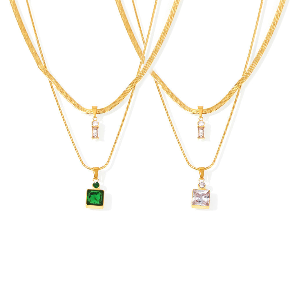Square CZ Pendant Stainless Steel Snake Chain Necklace