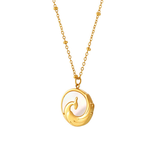 Stainless Steel Embossed Phoenix Pendant Inaly White Sea Shell Necklace