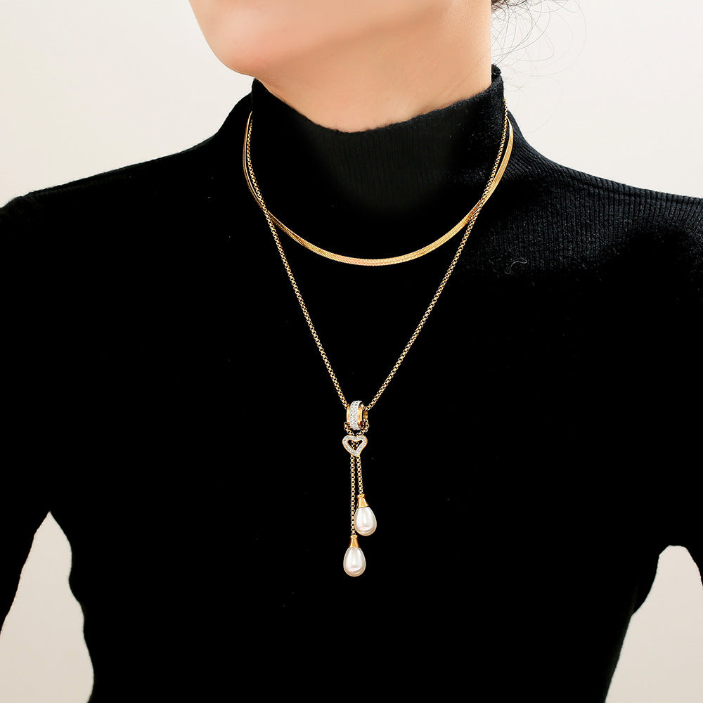 Stainless Steel 18K Gold PVD Heart Tassel Imitation Pearl Pendant Necklace