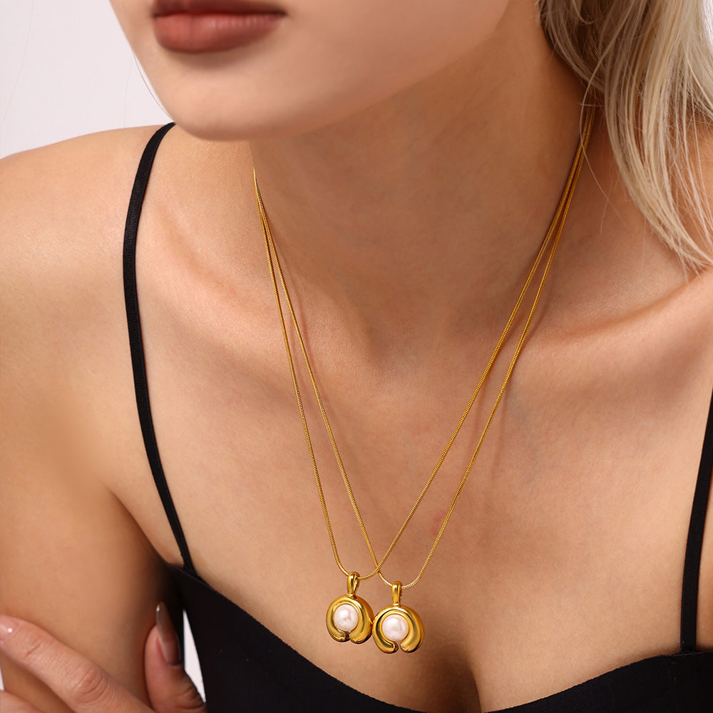 C-Shaped Inlay Freshwater Pearl Pendant Stainless Steel Necklace